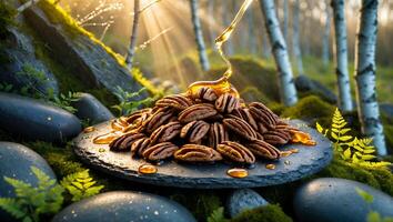 Pouring Honey Over Pecan Nuts in Natural Forest Setting photo