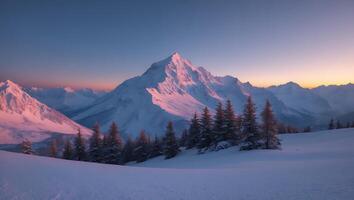 Snowy Mountain Peak and Evergreen Trees at Dusk Winter Scene photo