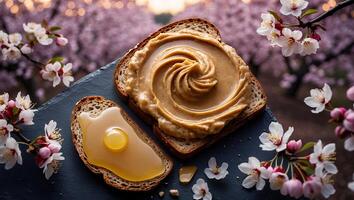 Preparing Toast with Peanut Butter and Honey Surrounded by Cherry Blossoms photo