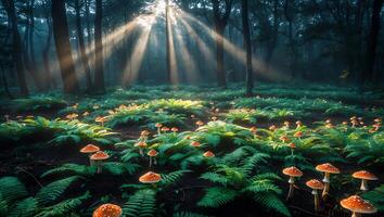Mushrooms and Ferns Growing in Forest with Sunbeams Shining Through photo