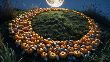 Pumpkins and Seeds Arranged in a Circle on Grassy Hill Under Moon photo