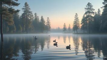 Ducks Swimming in Foggy Lake at Sunrise Surrounded by Forest photo