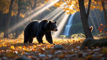Bear Walking in Autumn Forest with Waterfall and Sun Rays photo