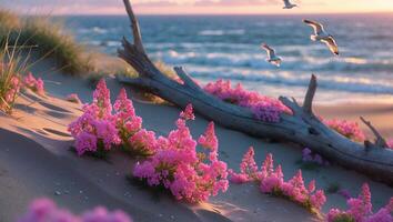 Pink Flowers Bloom Near Driftwood Along Sandy Beach at Sunset photo