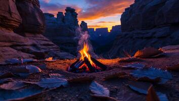 Burning Campfire in Rocky Canyon at Dusk with Fallen Leaves photo