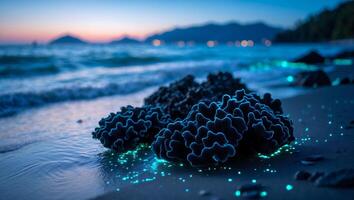 Coral on Beach with Glowing Bioluminescence at Twilight Serene Landscape photo