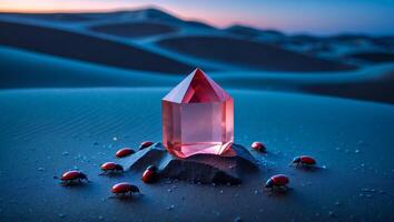 Red Crystal Point Surrounded by Beetles in Sandy Desert Landscape photo