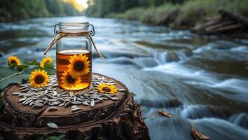 Sunflower Oil in Jar with Seeds and Flowers by Flowing River photo