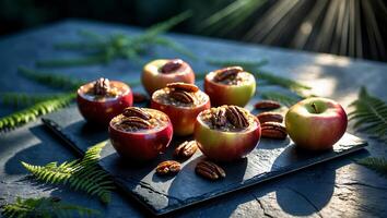 Baked Apple Halves Topped with Pecans on Slate Tray Outdoors photo