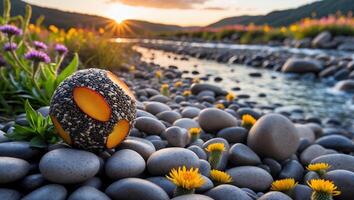 Decorative Orb on River Rocks with Wildflowers and Sunset Scenery photo