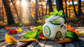 Refreshing Cucumber Yogurt Jar on Wood with Autumn Leaves Outdoors photo