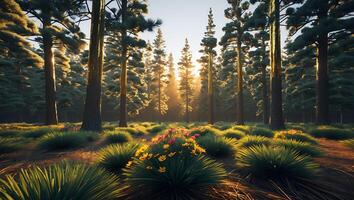 Sunlight Streaming Through Trees in a Forest with Wildflowers photo