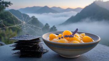 Arrangement of Fruits and Seaweed Snacks with Mountain View photo