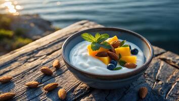 Yogurt Bowl with Mango Almond and Blueberries by the Water photo