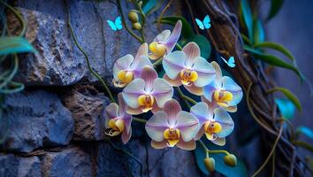 Blooming Orchid Flowers with Blue Butterflies on Stone Wall Backdrop photo