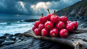 Crabapples on Weathered Wood by the Ocean with Sunlight Streaming Through photo