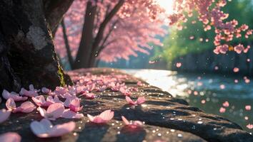Cherry Blossom Petals Along a Riverbank in Spring Season photo