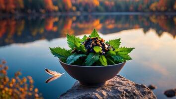 Serving of Fresh Green Salad by Calm Lake During Autumn photo