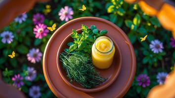 Yellow Jar with Fresh Herbs and Flowers in Sunny Garden photo
