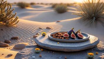 Serving Plate with Figs and Almonds in a Desert Landscape photo
