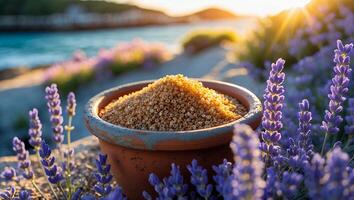 Cereal in Pot with Lavender Blossoms at Sunset by Ocean photo