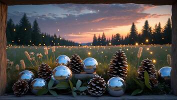 Festive Winter Scene with Pine Cones, Ornaments and Sunset Meadow photo