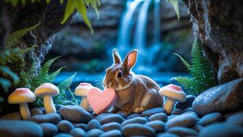 Rabbit with Heart Candy and Mushrooms Near a Small Waterfall photo