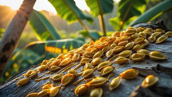 Seeds Lying on Weathered Log in the Warm Sunlight of Nature photo