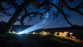 Glowing Mushrooms Under Starlight Create Magical Night Forest Scene photo