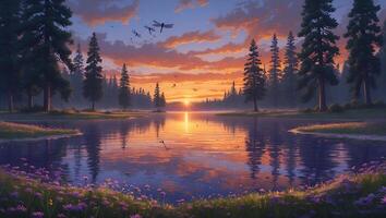 Lake Reflecting Sunset with Dragonflies Flying Over Forest and Flowers photo