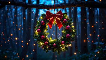 Hanging Festive Wreath with Red Bow in Enchanted Forest Setting photo