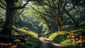 Walking Path Through Forest with Mushrooms Growing on Lush Green Ground photo