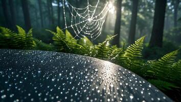 Dew Drops on Dark Surface with Cobweb and Forest Backdrop photo