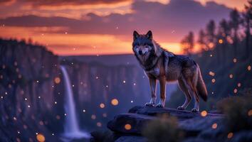 Wolf Standing on Rock Overlooking Waterfall at Twilight Scenic View photo