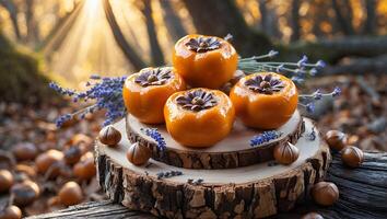 Arrangement of Persimmons and Lavender on Wooden Slab in Forest photo