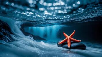 Starfish on Rock with Ocean Wave Breaking Underwater Scene photo