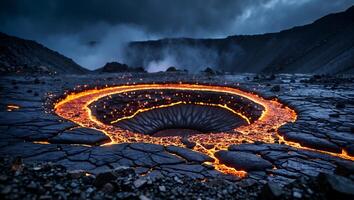 Molten Lava Pool in Volcanic Landscape Creates Eerie Natural Wonder photo