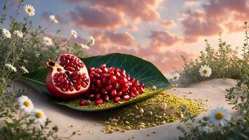 Pomegranate Seeds and Fruit on Leaf with Sky and Flowers Background photo