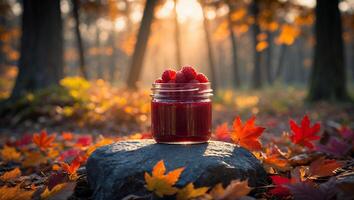 Raspberry Jam Jar on Rock Surrounded by Fall Leaves in Forest photo