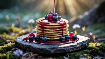 Stack of Pancakes with Berries and Syrup Poured Outdoors on Stone photo