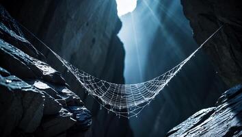 Spiderweb Hanging Between Rocks with Dewdrops and Sun Shining Through photo