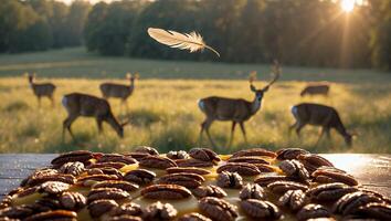 Pecan Pie on Table with Feather and Deer Grazing in Background photo