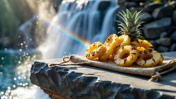 Grilled Pineapple Rings Placed by Scenic Waterfall with Rainbow Haze photo