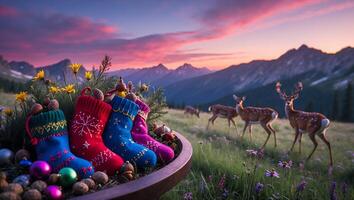Festive Christmas Stockings in Mountain Meadow at Sunset with Deer photo
