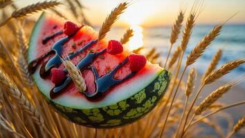 Watermelon Slice with Raspberries, Chocolate, and Wheat at Sunset photo