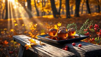 Dessert on Tray in Autumn Forest Sunlight Shining Through Trees photo