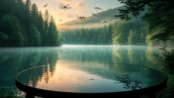 Peaceful Lake Reflection with Dragonflies in Forest at Sunrise Table Perspective photo