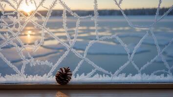 Pinecone on Window Covered with Ice Crystals at Sunset in Winter photo