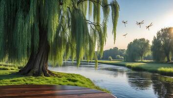 Peaceful River Scene with Willow Tree and Dragonflies at Sunset photo