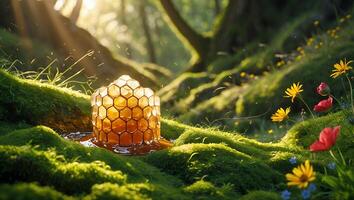 Honeycomb Resting on Mossy Ground in Sunlit Forest Setting photo